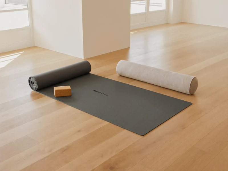 Salle de pratique lumineuse avec un tapis déroulé sur un parquet clair, accessoires disposés à côté.