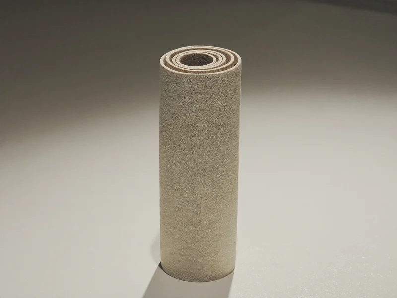 Tapis de yoga en caoutchouc naturel roulé, dressé sur une surface claire, grip texturé visible.