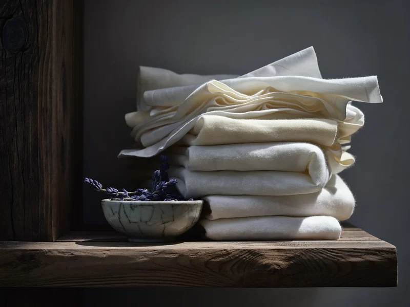 Linges en coton biologique pliés et petit bol de lavande séchée sur une étagère en bois.