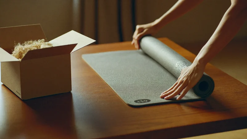 Mains enroulant un tapis de yoga sur une table, près d'un carton ouvert garni de papier kraft.